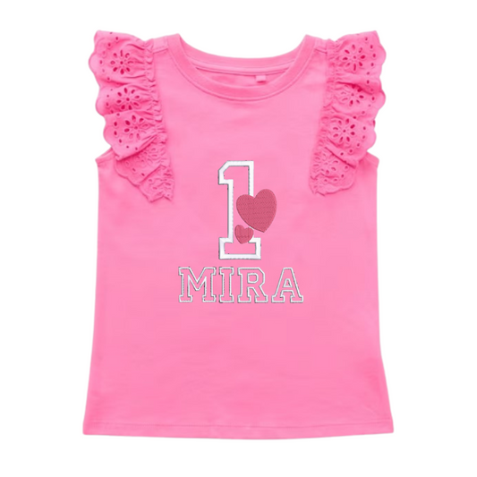 Custom Birthday Broderie Frill Sleeve T-shirt