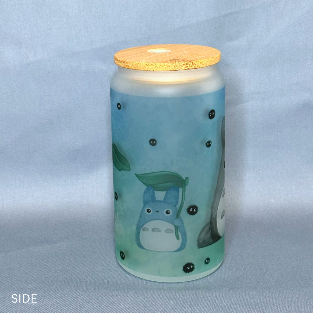 Totoro Family inspired - Glass Tumbler with Bamboo Lid